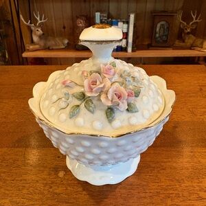 Lefton China Hobnail Milk Glass Hand Painted Rose Trinket Jewelry Box 1192